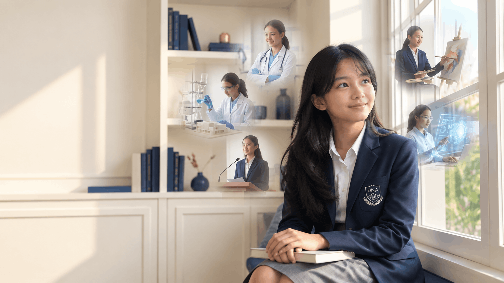 Siswi SMA dengan lencana DNA membayangkan ragam profesi masa depan seperti dokter, saintis, arsitek, dan teknolog