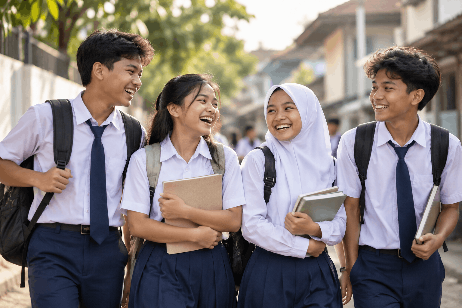 Sekelompok siswa dan siswi SMA Indonesia berseragam putih abu-abu berjalan bersama dengan ceria
