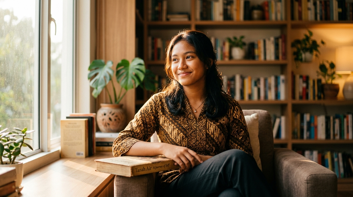 Remaja perempuan Indonesia tersenyum tenang dan penuh harapan di ruang baca yang hangat