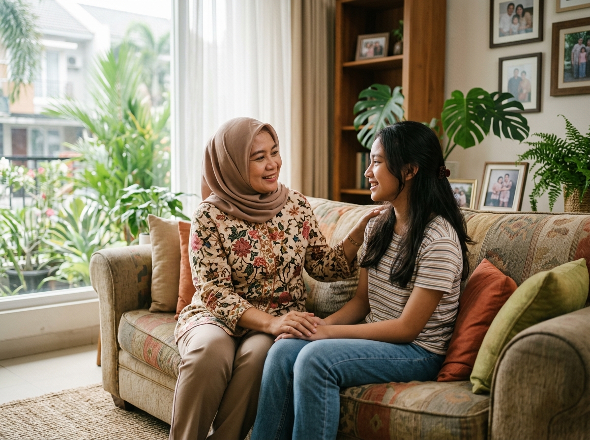 Ibu dan anak remaja Indonesia tersenyum saling menggenggam tangan dalam percakapan yang penuh kasih