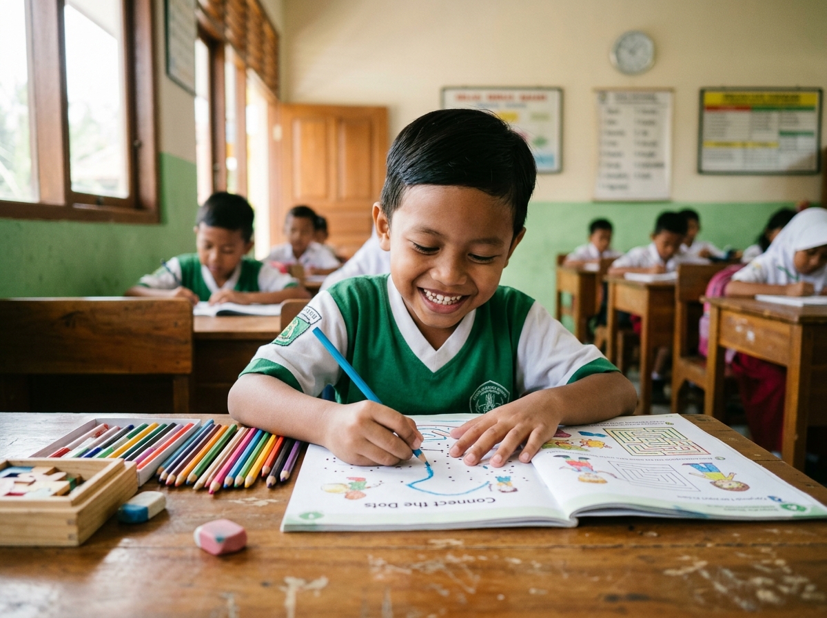 Siswa sekolah dasar Indonesia gembira dan fokus menggambar dengan pensil warna di meja belajar
